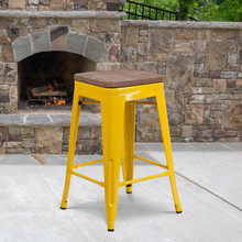 24" High Backless Yellow Metal Counter Height Stool with Square Wood Seat [FLF-CH-31320-24-YL-WD-GG]