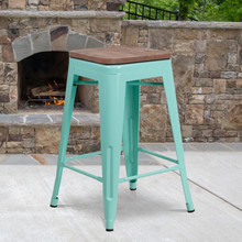 24" High Backless Mint Green Counter Height Stool with Square Wood Seat [FLF-ET-BT3503-24-MINT-WD-GG]