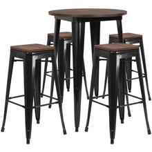 30" Round Black Metal Bar Table Set with Wood Top and 4 Backless Stools [FLF-CH-WD-TBCH-26-GG]
