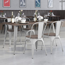 30.25" x 60" Silver Metal Table Set with Wood Top and 4 Stack Chairs [FLF-CH-WD-TBCH-13-GG]
