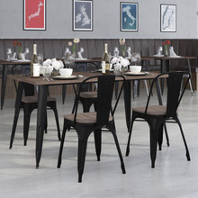 30.25" x 60" Black Metal Table Set with Wood Top and 4 Stack Chairs [FLF-CH-WD-TBCH-27-GG]