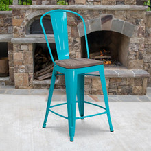 24" High Crystal Teal-Blue Metal Counter Height Stool with Back and Wood Seat [FLF-ET-3534-24-CB-WD-GG]