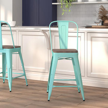 24" High Mint Green Metal Counter Height Stool with Back and Wood Seat [FLF-ET-3534-24-MINT-WD-GG]