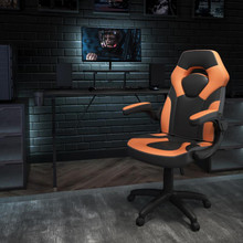 Black Gaming Desk and Orange/Black Racing Chair Set with Cup Holder, Headphone Hook, and Monitor/Smartphone Stand [FLF-BLN-X10RSG1031-OR-GG]