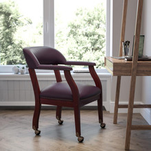 Burgundy LeatherSoft Conference Chair with Accent Nail Trim and Casters [FLF-B-Z100-LF19-LEA-GG]