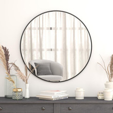 36" Round Black Metal Framed Wall Mirror - Large Accent Mirror for Bathroom, Vanity, Entryway, Dining Room, & Living Room [FLF-RH-M003-RD91MB-BK-GG]