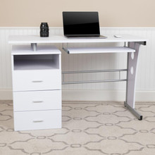 White Desk with Three Drawer Pedestal and Pull-Out Keyboard Tray [FLF-NAN-WK-008-WH-GG]