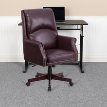 High Back Pillow Back Burgundy LeatherSoft Executive Swivel Office Chair with Arms [FLF-BT-9025H-2-BY-GG]
