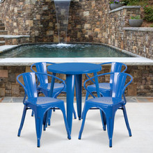 Commercial Grade 24" Round Blue Metal Indoor-Outdoor Table Set with 4 Arm Chairs [FLF-CH-51080TH-4-18ARM-BL-GG]