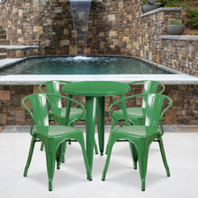 Commercial Grade 24" Round Green Metal Indoor-Outdoor Table Set with 4 Arm Chairs [FLF-CH-51080TH-4-18ARM-GN-GG]