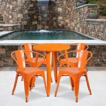 Commercial Grade 24" Round Orange Metal Indoor-Outdoor Table Set with 4 Arm Chairs [FLF-CH-51080TH-4-18ARM-OR-GG]