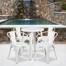 Commercial Grade 24" Round White Metal Indoor-Outdoor Table Set with 4 Arm Chairs [FLF-CH-51080TH-4-18ARM-WH-GG]