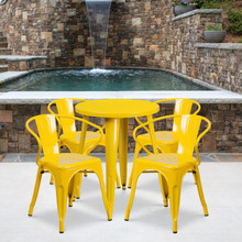Commercial Grade 24" Round Yellow Metal Indoor-Outdoor Table Set with 4 Arm Chairs [FLF-CH-51080TH-4-18ARM-YL-GG]
