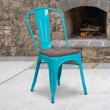 Crystal Teal-Blue Metal Stackable Chair with Wood Seat [FLF-ET-3534-CB-WD-GG]