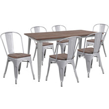 30.25" x 60" Silver Metal Table Set with Wood Top and 6 Stack Chairs [FLF-CH-WD-TBCH-14-GG]