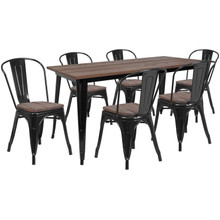 30.25" x 60" Black Metal Table Set with Wood Top and 6 Stack Chairs [FLF-CH-WD-TBCH-28-GG]