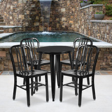 Commercial Grade 24" Round Black Metal Indoor-Outdoor Table Set with 4 Vertical Slat Back Chairs [FLF-CH-51080TH-4-18VRT-BK-GG]