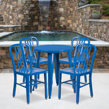 Commercial Grade 24" Round Blue Metal Indoor-Outdoor Table Set with 4 Vertical Slat Back Chairs [FLF-CH-51080TH-4-18VRT-BL-GG]