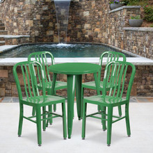 Commercial Grade 24" Round Green Metal Indoor-Outdoor Table Set with 4 Vertical Slat Back Chairs [FLF-CH-51080TH-4-18VRT-GN-GG]
