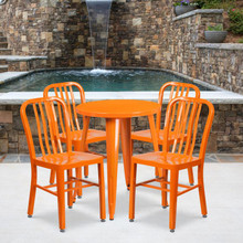 Commercial Grade 24" Round Orange Metal Indoor-Outdoor Table Set with 4 Vertical Slat Back Chairs [FLF-CH-51080TH-4-18VRT-OR-GG]