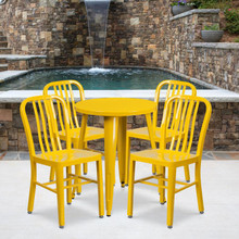 Commercial Grade 24" Round Yellow Metal Indoor-Outdoor Table Set with 4 Vertical Slat Back Chairs [FLF-CH-51080TH-4-18VRT-YL-GG]