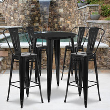 Commercial Grade 30" Round Black Metal Indoor-Outdoor Bar Table Set with 4 Cafe Stools [FLF-CH-51090BH-4-30CAFE-BK-GG]
