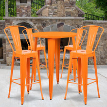 Commercial Grade 30" Round Orange Metal Indoor-Outdoor Bar Table Set with 4 Cafe Stools [FLF-CH-51090BH-4-30CAFE-OR-GG]