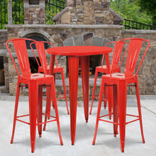 Commercial Grade 30" Round Red Metal Indoor-Outdoor Bar Table Set with 4 Cafe Stools [FLF-CH-51090BH-4-30CAFE-RED-GG]