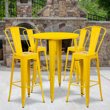 Commercial Grade 30" Round Yellow Metal Indoor-Outdoor Bar Table Set with 4 Cafe Stools [FLF-CH-51090BH-4-30CAFE-YL-GG]