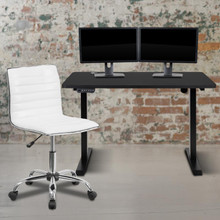 48" Wide Black Electric Height Adjustable Standing Desk with Designer Armless White Ribbed Swivel Task Office Chair [FLF-BLN-2046512B-BKWH-GG]