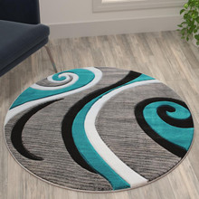 Atlan Collection 4' x 4' Turquoise Round Abstract Area Rug - Olefin Rug with Jute Backing - Entryway, Living Room or Bedroom [FLF-KP-RG951-44-TQ-GG]
