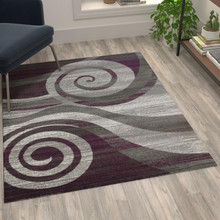 Cirrus Collection 4' x 5' Purple Swirl Patterned Olefin Area Rug with Jute Backing for Entryway, Living Room, Bedroom [FLF-OKR-RG1103-45-PU-GG]