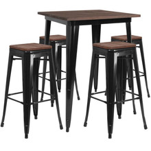 31.5" Square Black Metal Bar Table Set with Wood Top and 4 Backless Stools [FLF-CH-WD-TBCH-20-GG]