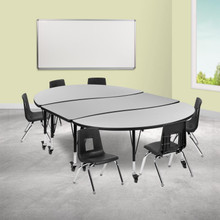 Emmy Mobile 86" Oval Wave Flexible Laminate Activity Table Set with 12" Student Stack Chairs, Grey/Black [FLF-XU-GRP-12CH-A3060CON-60-GY-T-P-CAS-GG]