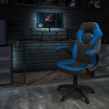 Black Gaming Desk and Blue/Black Racing Chair Set with Cup Holder, Headphone Hook, and Monitor/Smartphone Stand [FLF-BLN-X10RSG1031-BL-GG]