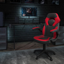 Black Gaming Desk and Red/Black Racing Chair Set with Cup Holder, Headphone Hook, and Monitor/Smartphone Stand [FLF-BLN-X10RSG1031-RD-GG]