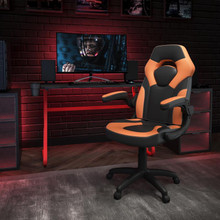 Red Gaming Desk and Orange/Black Racing Chair Set with Cup Holder and Headphone Hook [FLF-BLN-X10RSG1030-OR-GG]