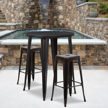 Commercial Grade 30" Round Black-Antique Gold Metal Indoor-Outdoor Bar Table Set with 2 Square Seat Backless Stools [FLF-CH-51090BH-2-30SQST-BQ-GG]