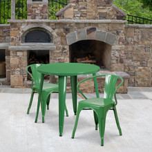 Commercial Grade 30" Round Green Metal Indoor-Outdoor Table Set with 2 Arm Chairs [FLF-CH-51090TH-2-18ARM-GN-GG]