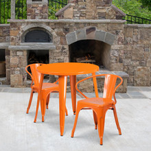 Commercial Grade 30" Round Orange Metal Indoor-Outdoor Table Set with 2 Arm Chairs [FLF-CH-51090TH-2-18ARM-OR-GG]