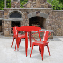 Commercial Grade 30" Round Red Metal Indoor-Outdoor Table Set with 2 Arm Chairs [FLF-CH-51090TH-2-18ARM-RED-GG]