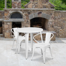 Commercial Grade 30" Round White Metal Indoor-Outdoor Table Set with 2 Arm Chairs [FLF-CH-51090TH-2-18ARM-WH-GG]
