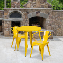 Commercial Grade 30" Round Yellow Metal Indoor-Outdoor Table Set with 2 Arm Chairs [FLF-CH-51090TH-2-18ARM-YL-GG]