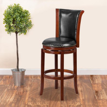 30'' High Dark Chestnut Wood Barstool with Panel Back and Black LeatherSoft Swivel Seat [FLF-TA-220130-DC-GG]