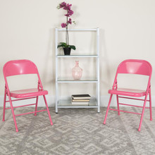2 Pack HERCULES COLORBURST Series Bubblegum Pink Triple Braced & Double Hinged Metal Folding Chair [FLF-2-HF3-PINK-GG]
