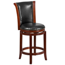 26'' High Dark Chestnut Wood Counter Height Stool with Panel Back and Black LeatherSoft Swivel Seat [FLF-TA-220126-DC-CTR-GG]