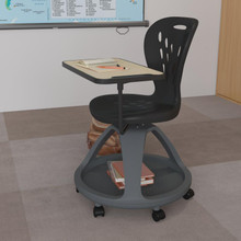 Black Mobile Desk Chair with 360 Degree Tablet Rotation and Under Seat Storage Cubby [FLF-YU-YCX-019-BK-GG]