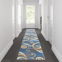 Valli Collection 2' x 11' Blue Abstract Area Rug - Olefin Rug with Jute Backing - Hallway, Entryway, Bedroom, Living Room [FLF-OKR-RG1100-211-BL-GG]