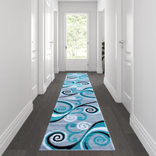 Valli Collection 2' x 11' Turquoise Abstract Area Rug - Olefin Rug with Jute Backing - Hallway, Entryway, Bedroom, Living Room [FLF-OKR-RG1100-211-TQ-GG]