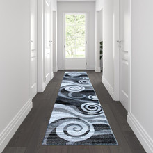 Cirrus Collection 2' x 11' Gray Swirl Patterned Olefin Area Rug with Jute Backing for Entryway, Living Room, Bedroom [FLF-OKR-RG1103-211-GY-GG]